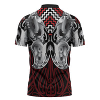 Aotearoa Kowhaiwhai Poutama Red Motif Zipper Polo Shirt LT9 - Polynesian Pride