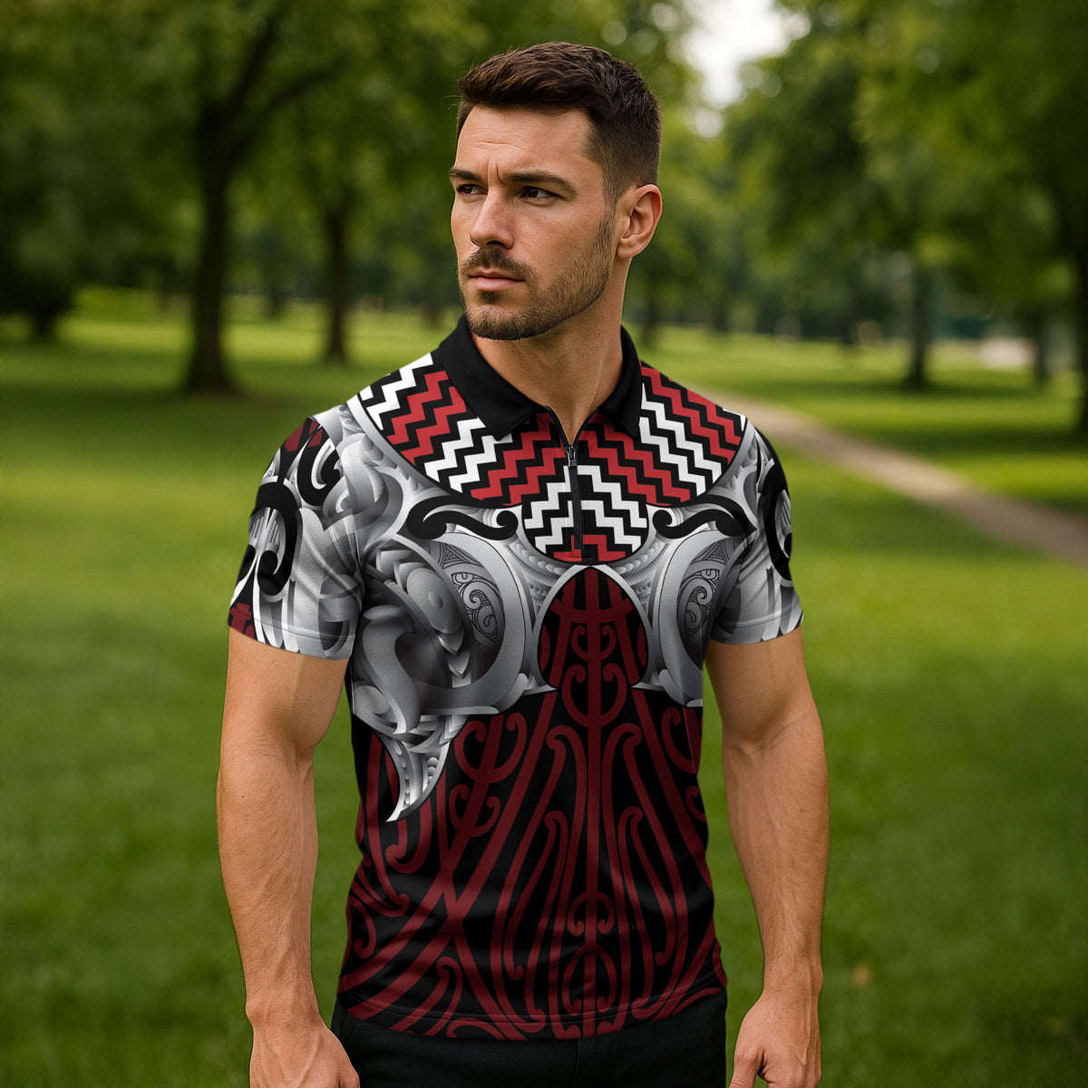 Aotearoa Kowhaiwhai Poutama Red Motif Zipper Polo Shirt LT9 - Polynesian Pride