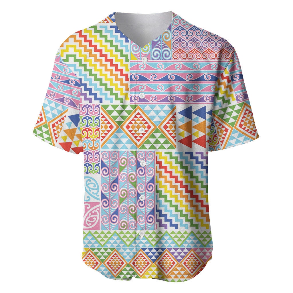 Aotearoa Kowhaiwhai Taniko Patchwork Rainbow Motifs Baseball Jersey LT9 Rainbow - Polynesian Pride