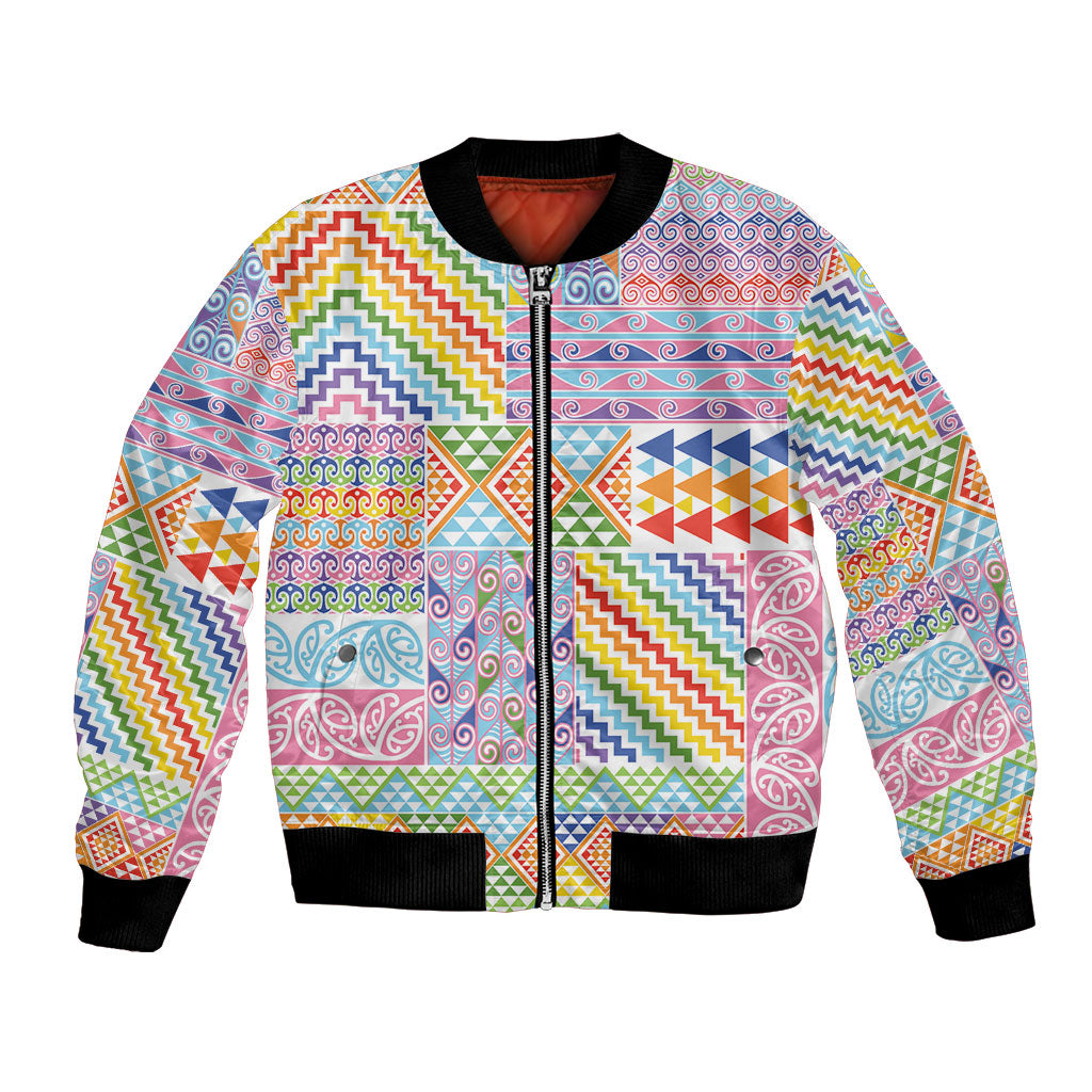 Aotearoa Kowhaiwhai Taniko Patchwork Rainbow Motifs Bomber Jacket LT9 Unisex Rainbow - Polynesian Pride