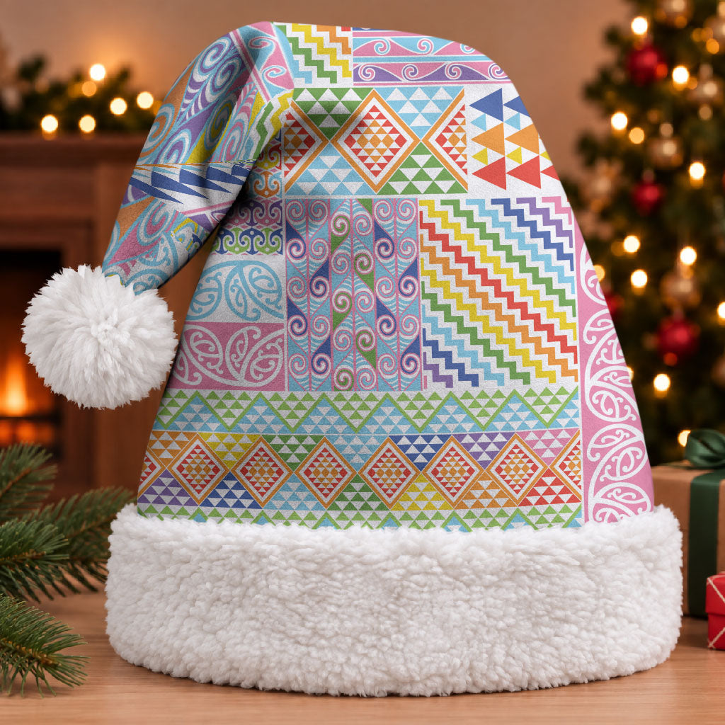 Aotearoa Kowhaiwhai Taniko Patchwork Rainbow Motifs Christmas Santa Hat LT9 With Fur Rainbow - Polynesian Pride