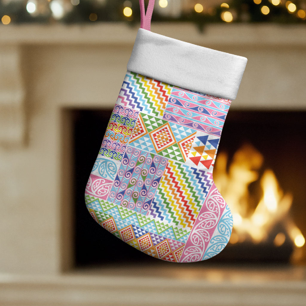 Aotearoa Kowhaiwhai Taniko Patchwork Rainbow Motifs Christmas Stocking LT9 Set of 2 Rainbow - Polynesian Pride