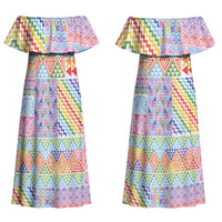 Aotearoa Kowhaiwhai Taniko Patchwork Rainbow Motifs Couples Matching Off Shoulder Maxi Dress and Long Sleeve Button Shirt LT9 - Polynesian Pride