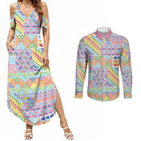 Aotearoa Kowhaiwhai Taniko Patchwork Rainbow Motifs Couples Matching Summer Maxi Dress and Long Sleeve Button Shirt LT9 Rainbow - Polynesian Pride