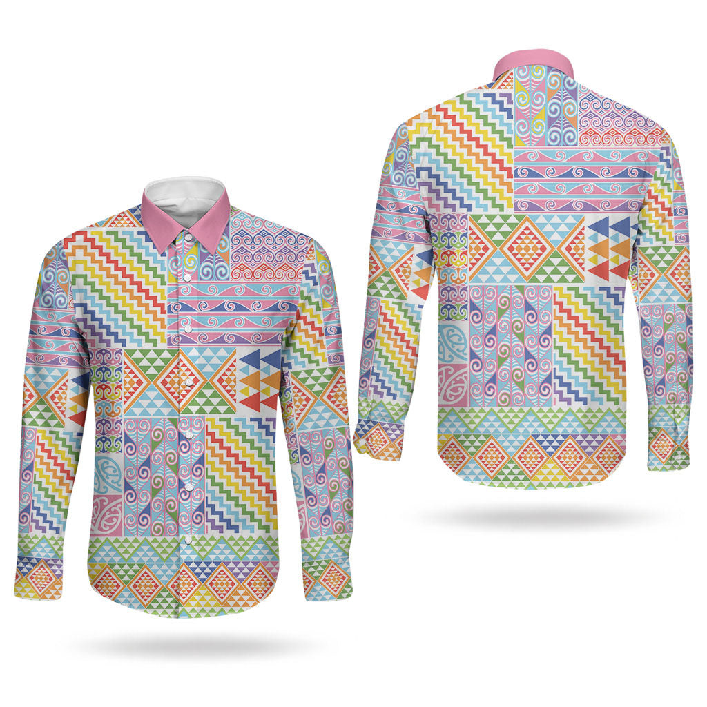 Aotearoa Kowhaiwhai Taniko Patchwork Rainbow Motifs Couples Matching Summer Maxi Dress and Long Sleeve Button Shirt LT9 - Polynesian Pride