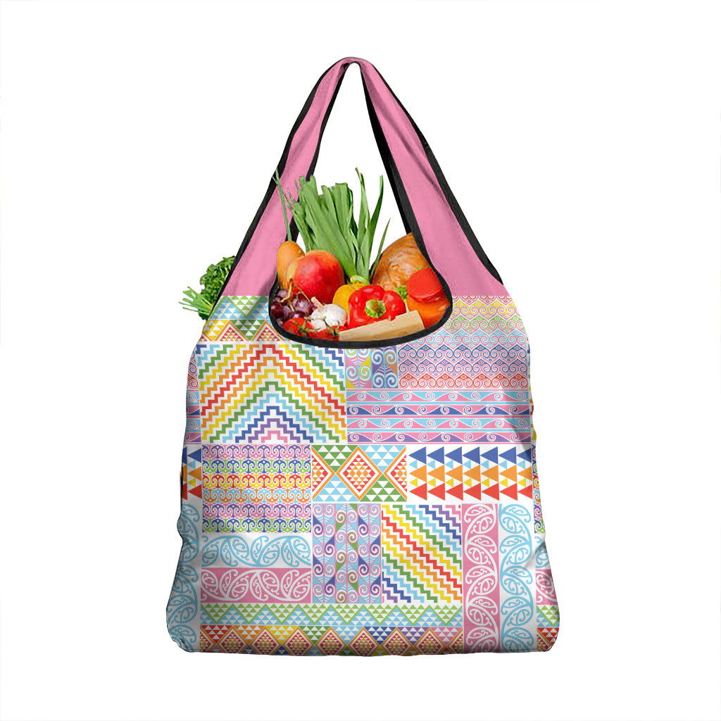Aotearoa Kowhaiwhai Taniko Patchwork Rainbow Motifs Grocery Bag