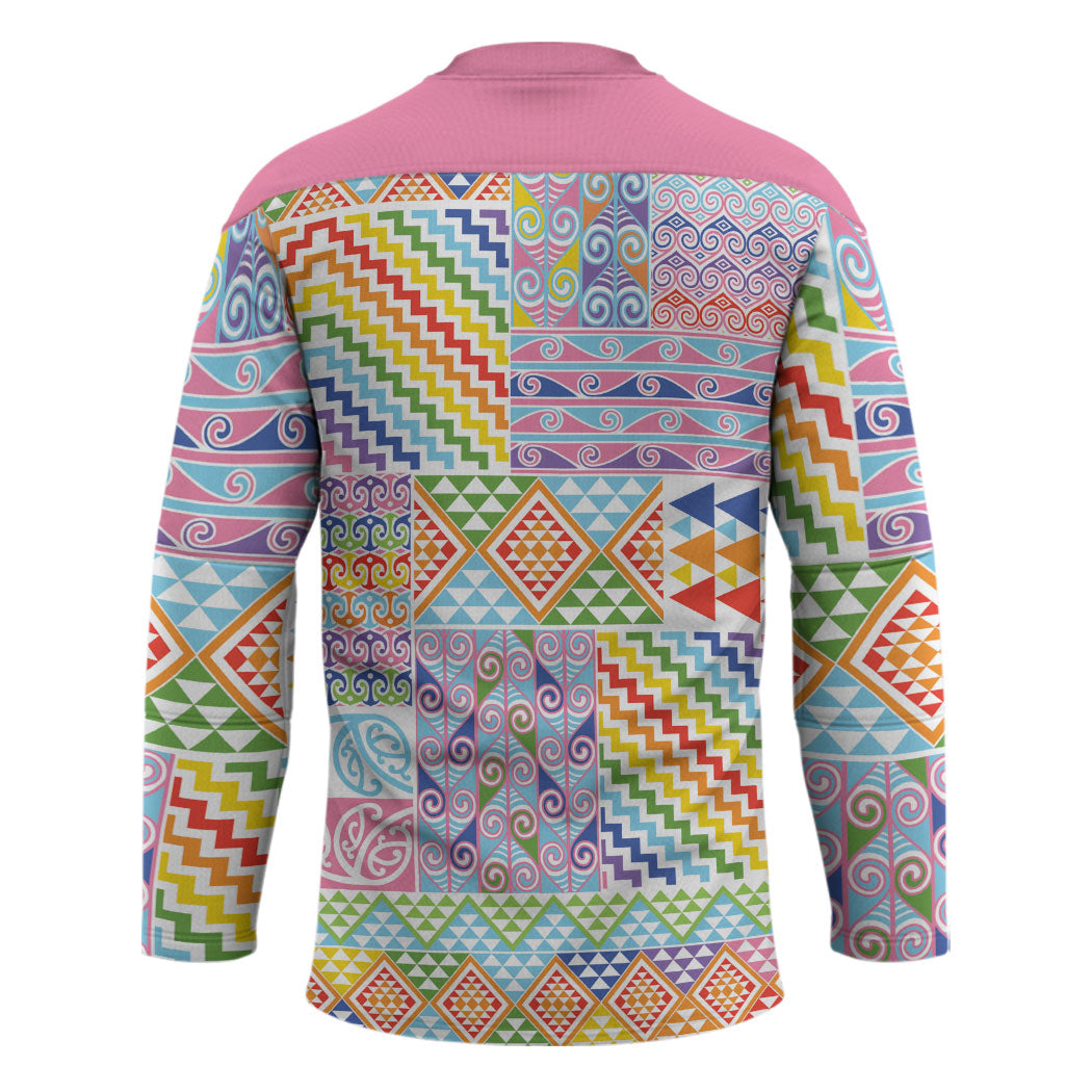 Aotearoa Kowhaiwhai Taniko Patchwork Rainbow Motifs Hockey Jersey