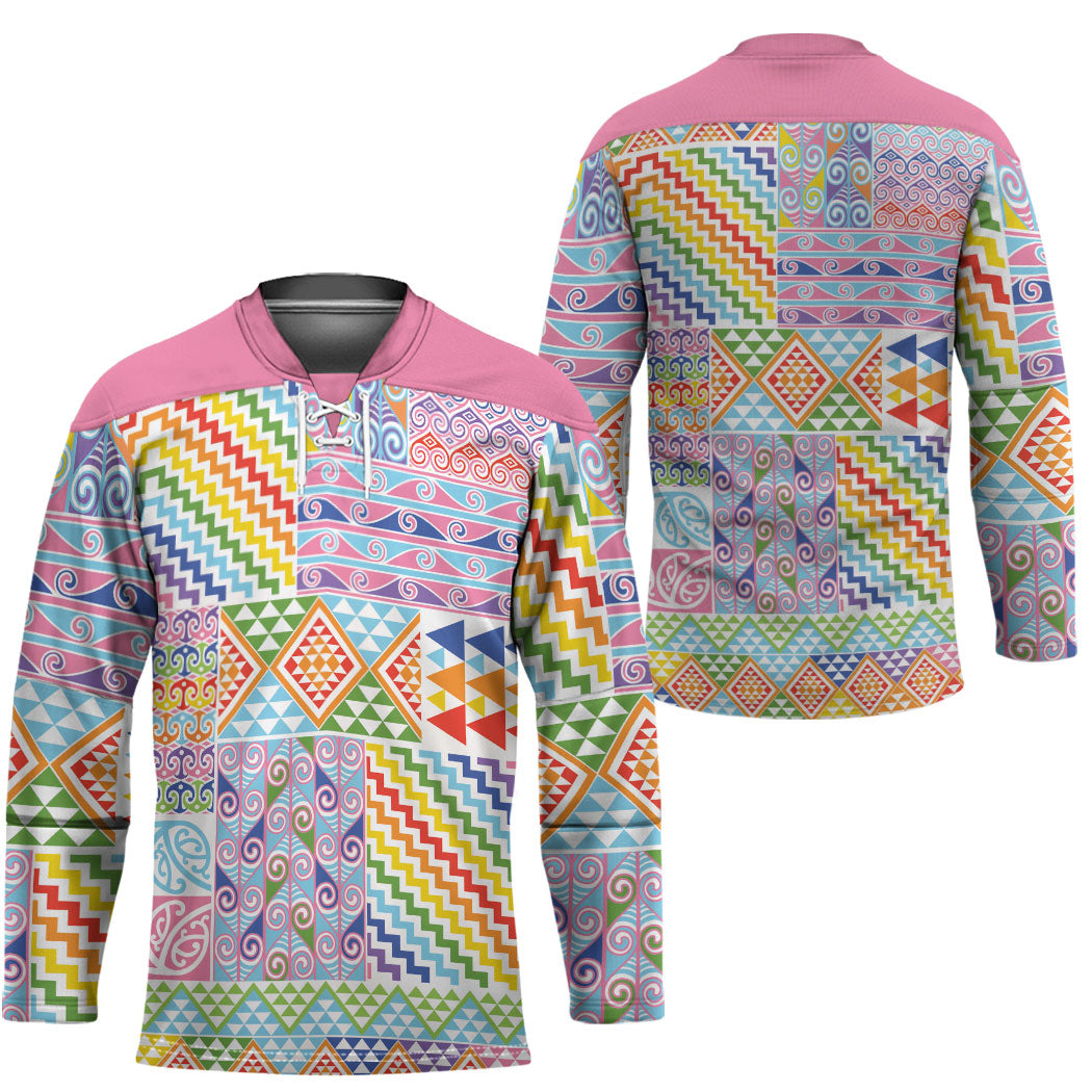 Aotearoa Kowhaiwhai Taniko Patchwork Rainbow Motifs Hockey Jersey
