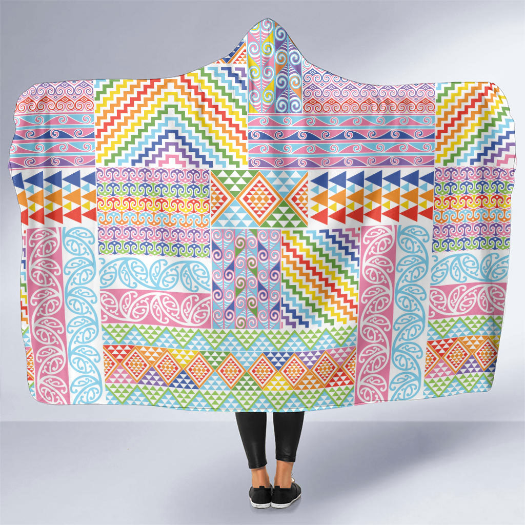 Aotearoa Kowhaiwhai Taniko Patchwork Rainbow Motifs Hooded Blanket LT9 One Size Rainbow - Polynesian Pride