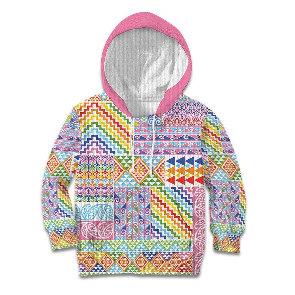 Aotearoa Kowhaiwhai Taniko Patchwork Rainbow Motifs Kid Hoodie