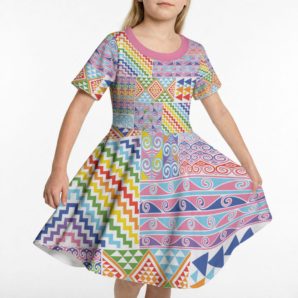 Aotearoa Kowhaiwhai Taniko Patchwork Rainbow Motifs Kid Short Sleeve Dress