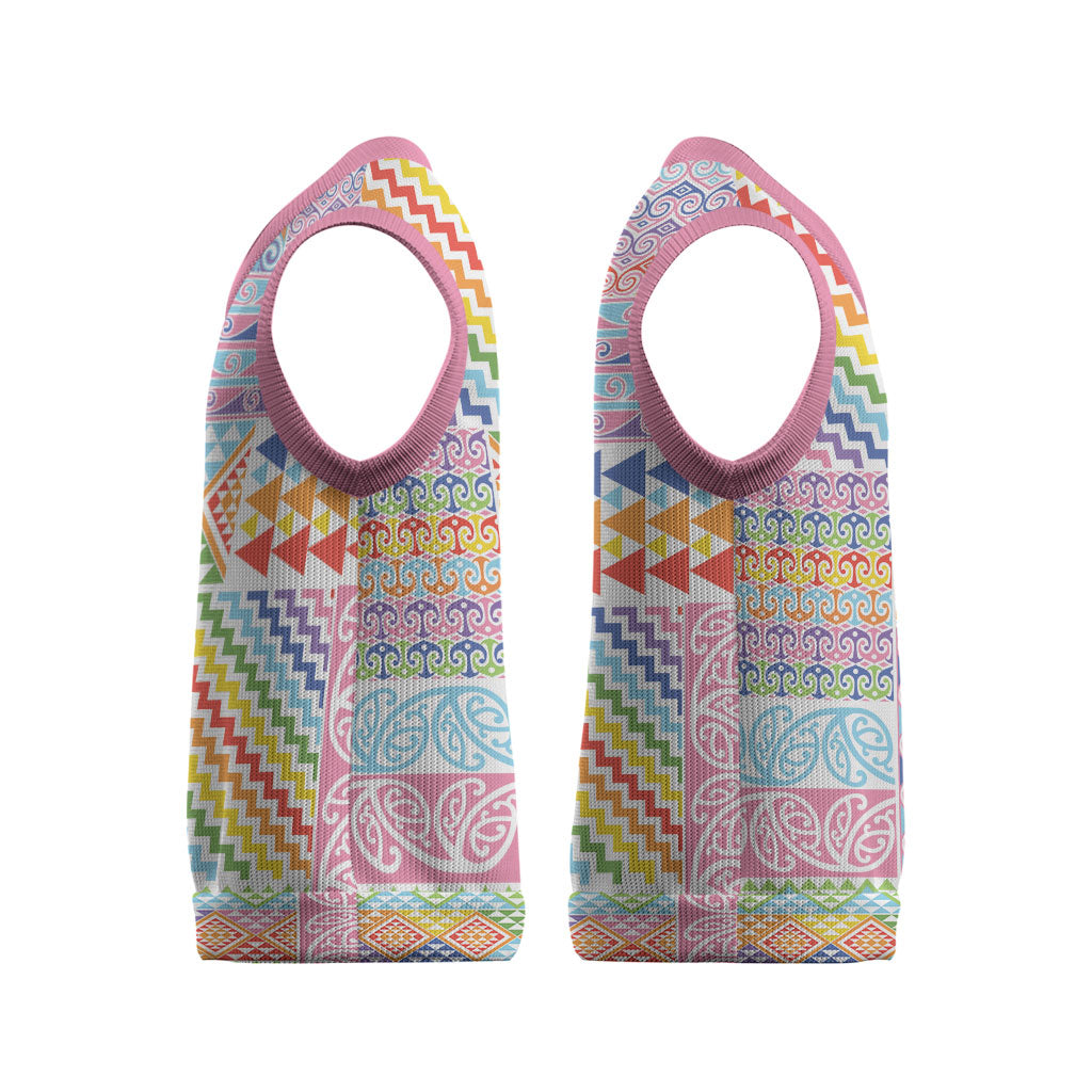 Aotearoa Kowhaiwhai Taniko Patchwork Rainbow Motifs Christmas Knitted V-Neck Vest