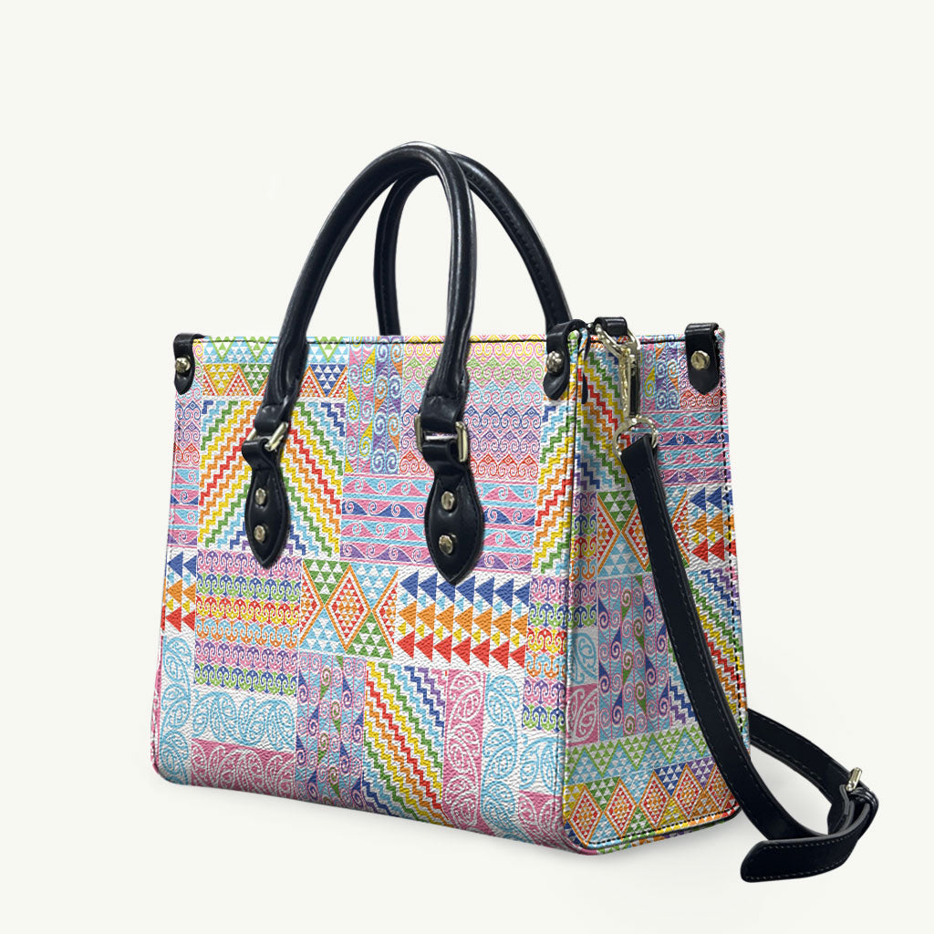 Aotearoa Kowhaiwhai Taniko Patchwork Rainbow Motifs Leather Bag LT9 Rainbow - Polynesian Pride