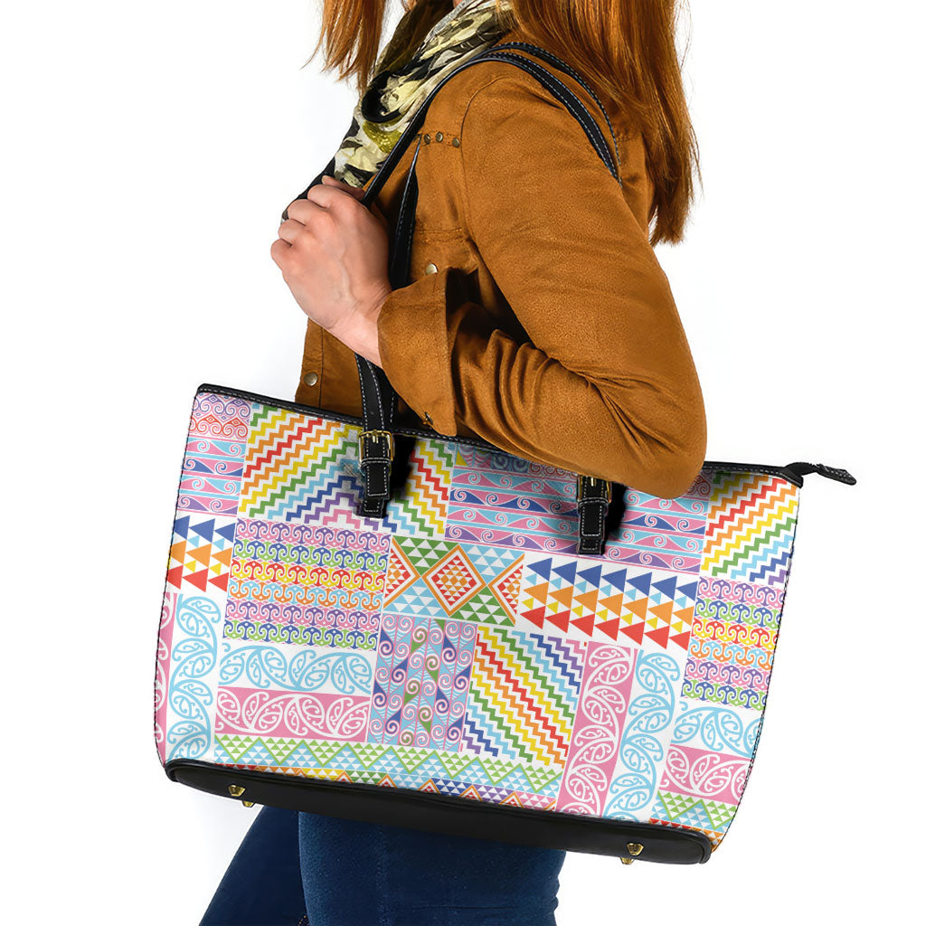 Aotearoa Kowhaiwhai Taniko Patchwork Rainbow Motifs Leather Tote Bag