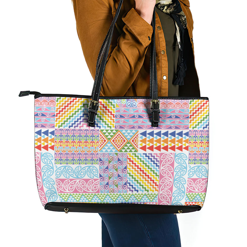 Aotearoa Kowhaiwhai Taniko Patchwork Rainbow Motifs Leather Tote Bag