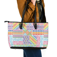 Aotearoa Kowhaiwhai Taniko Patchwork Rainbow Motifs Leather Tote Bag