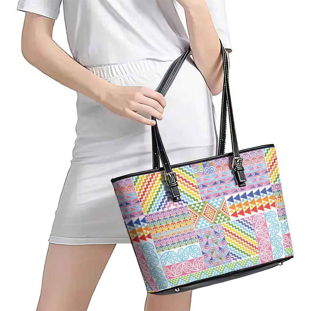 Aotearoa Kowhaiwhai Taniko Patchwork Rainbow Motifs Leather Tote Bag