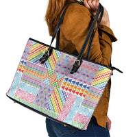 Aotearoa Kowhaiwhai Taniko Patchwork Rainbow Motifs Leather Tote Bag