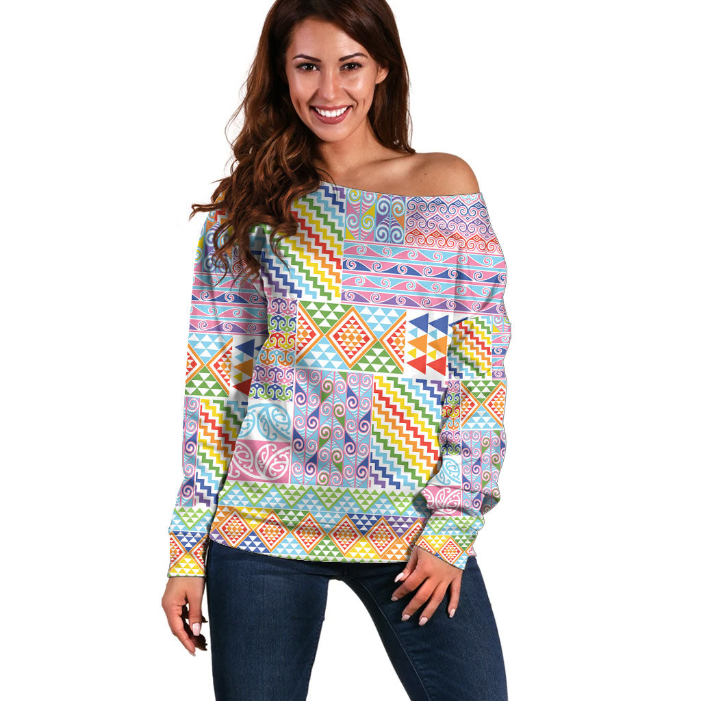 Aotearoa Kowhaiwhai Taniko Patchwork Rainbow Motifs Off Shoulder Sweater LT9 Women Rainbow - Polynesian Pride