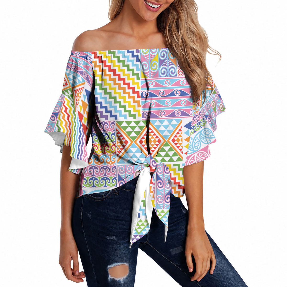 Aotearoa Kowhaiwhai Taniko Patchwork Rainbow Motifs Off Shoulder Wrap Waist Top