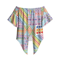Aotearoa Kowhaiwhai Taniko Patchwork Rainbow Motifs Off Shoulder Wrap Waist Top