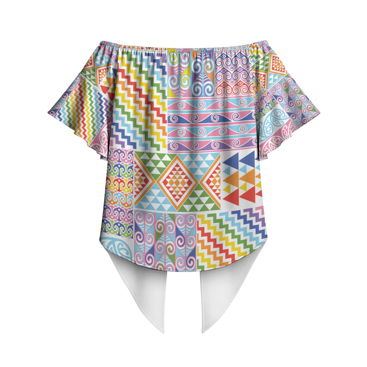 Aotearoa Kowhaiwhai Taniko Patchwork Rainbow Motifs Off Shoulder Wrap Waist Top