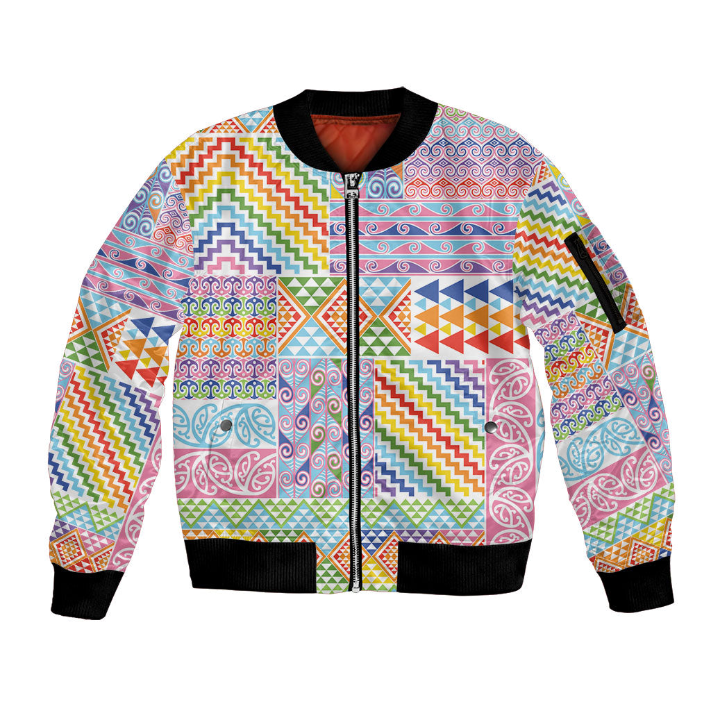 Aotearoa Kowhaiwhai Taniko Patchwork Rainbow Motifs Sleeve Zip Bomber Jacket LT9 Unisex Rainbow - Polynesian Pride