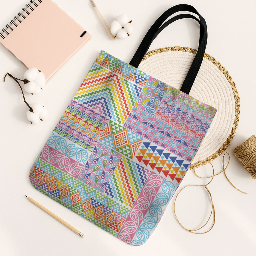 Aotearoa Kowhaiwhai Taniko Patchwork Rainbow Motifs Tote Bag