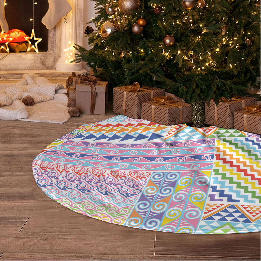 Aotearoa Kowhaiwhai Taniko Patchwork Rainbow Motifs Tree Skirt