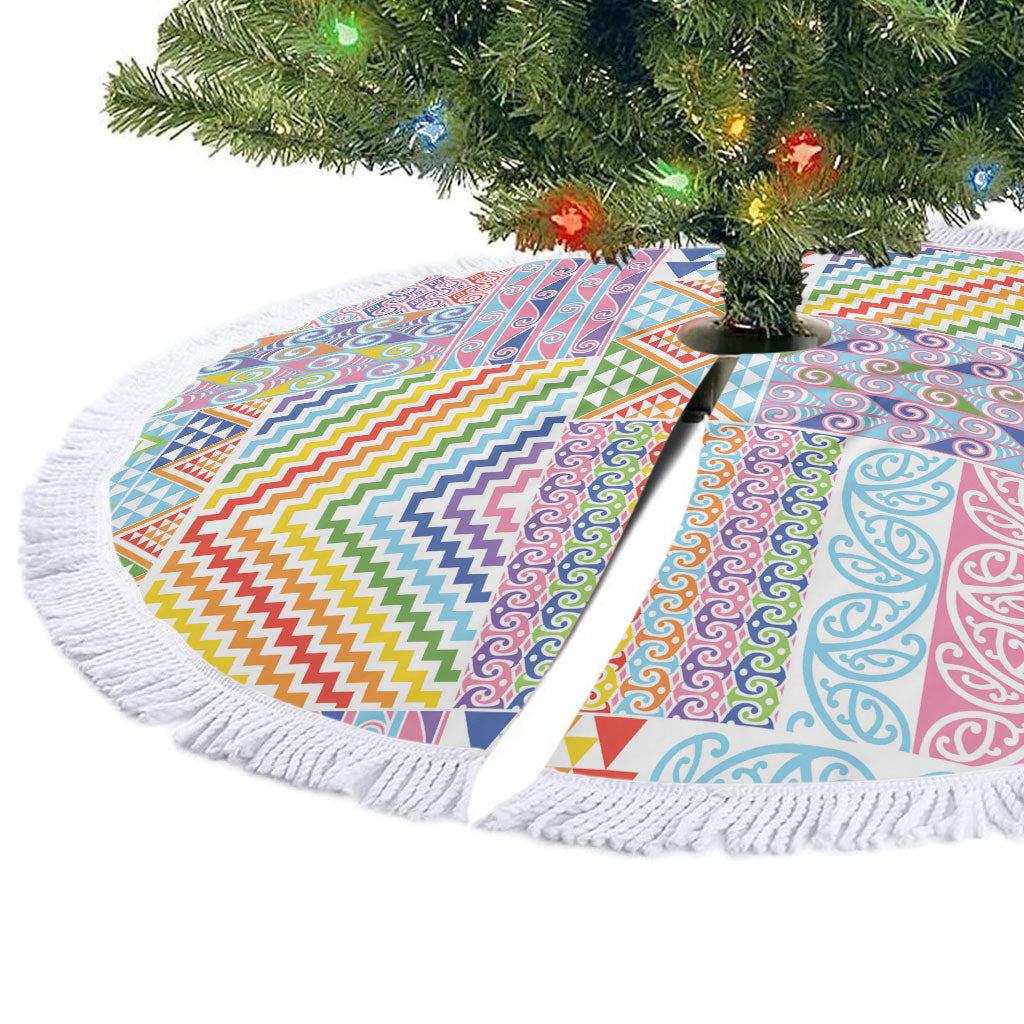 Aotearoa Kowhaiwhai Taniko Patchwork Rainbow Motifs Tree Skirt
