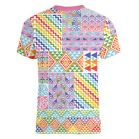 Aotearoa Kowhaiwhai Taniko Patchwork Rainbow Motifs Women V-Neck T-Shirt
