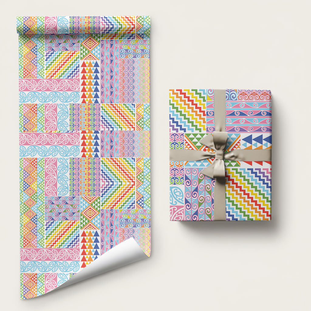 Aotearoa Kowhaiwhai Taniko Patchwork Rainbow Motifs Wrapping Paper LT9 58" × 23" Rainbow - Polynesian Pride