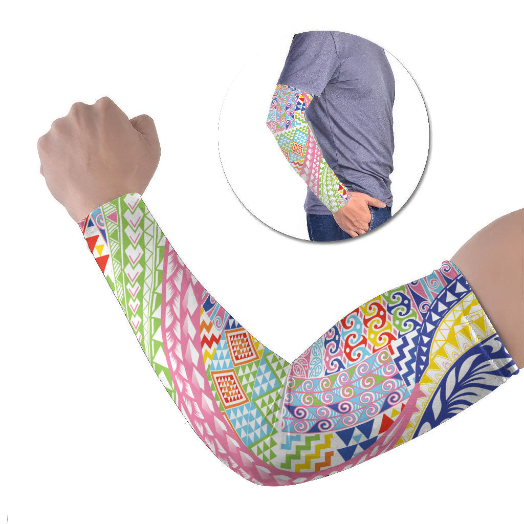 Maori Kowhaiwhai Taniko Patchwork Rainbow Motifs Arm Sleeves LT9 Set of 2 Rainbow - Polynesian Pride