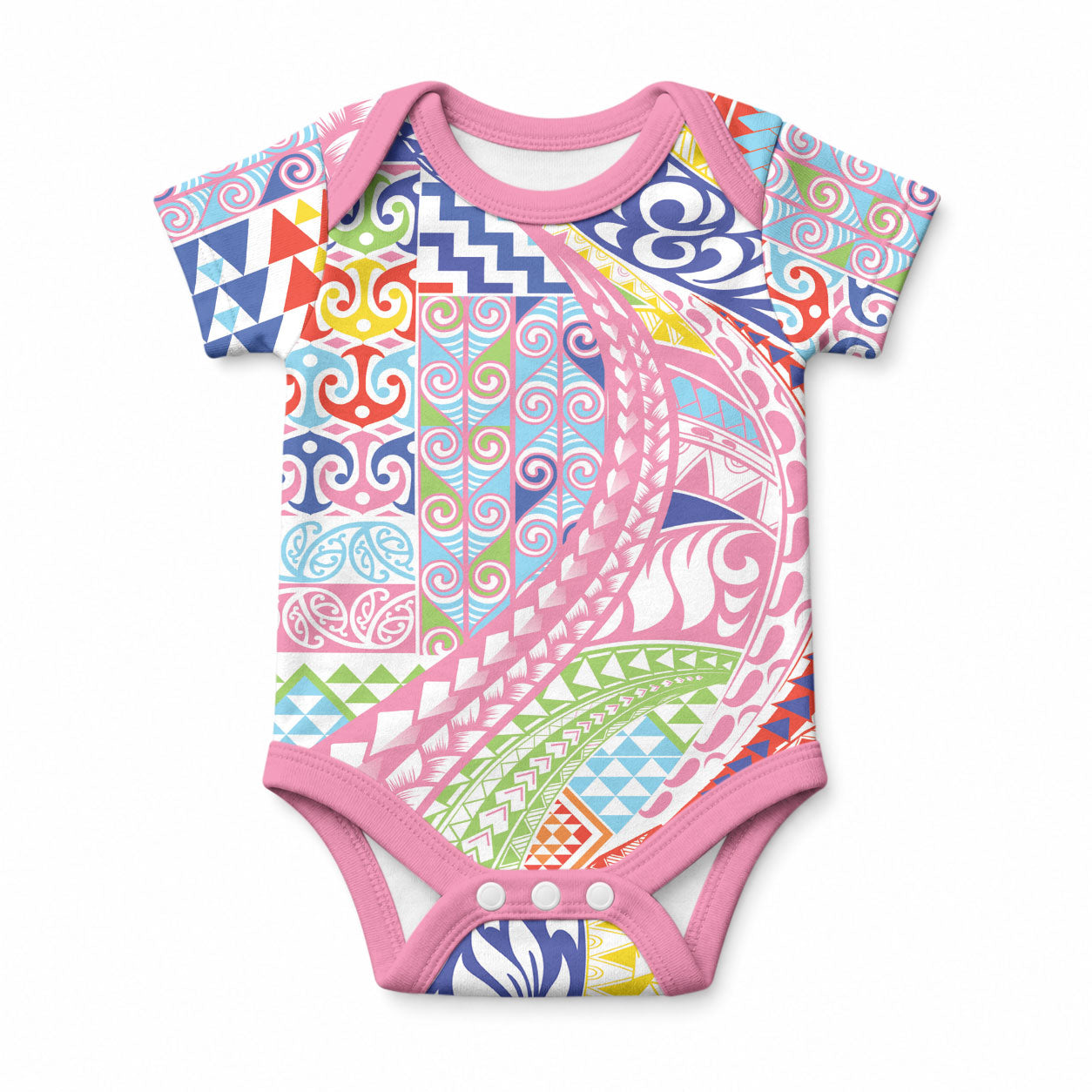 Maori Kowhaiwhai Taniko Patchwork Rainbow Motifs Baby Onesie