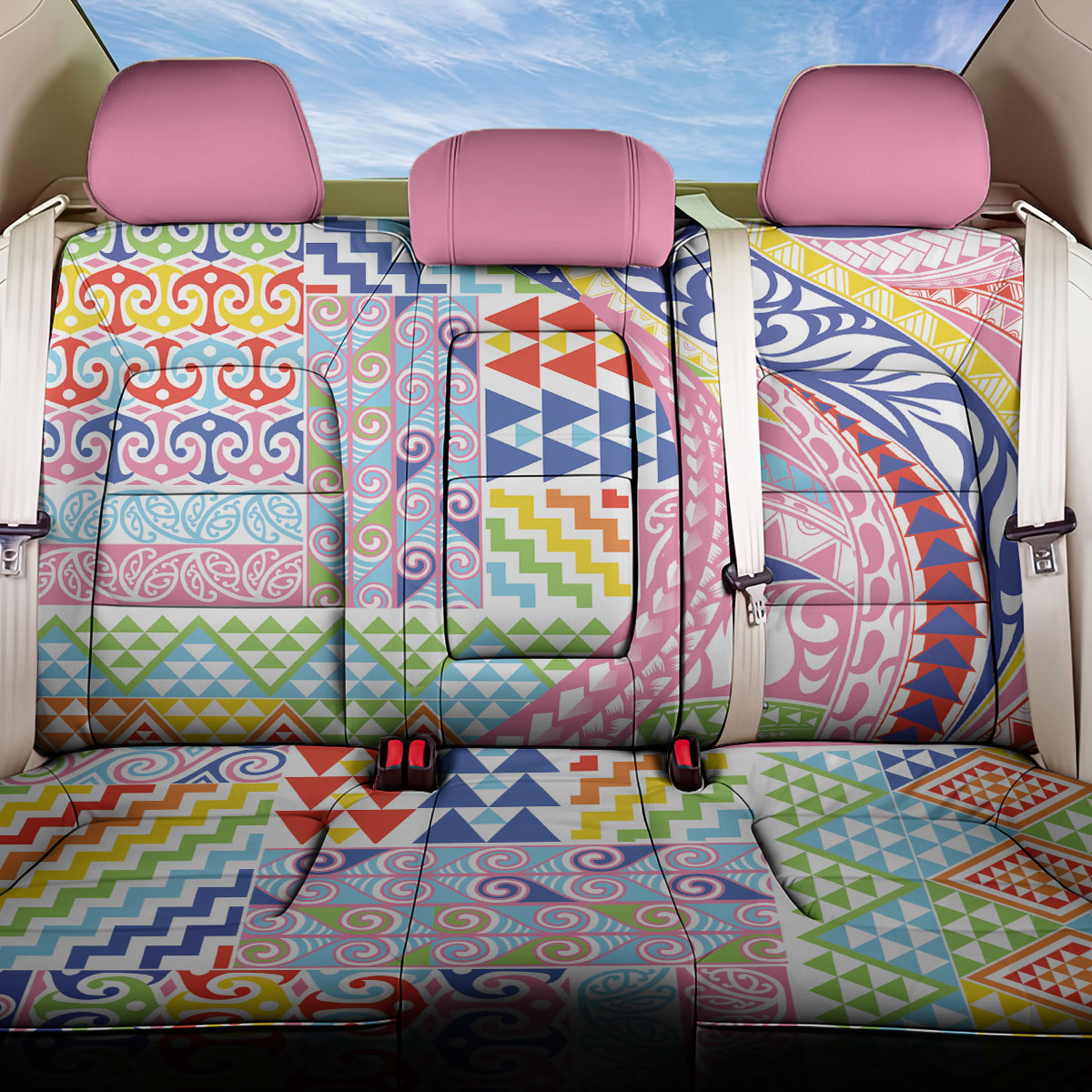 Maori Kowhaiwhai Taniko Patchwork Rainbow Motifs Back Car Seat Cover