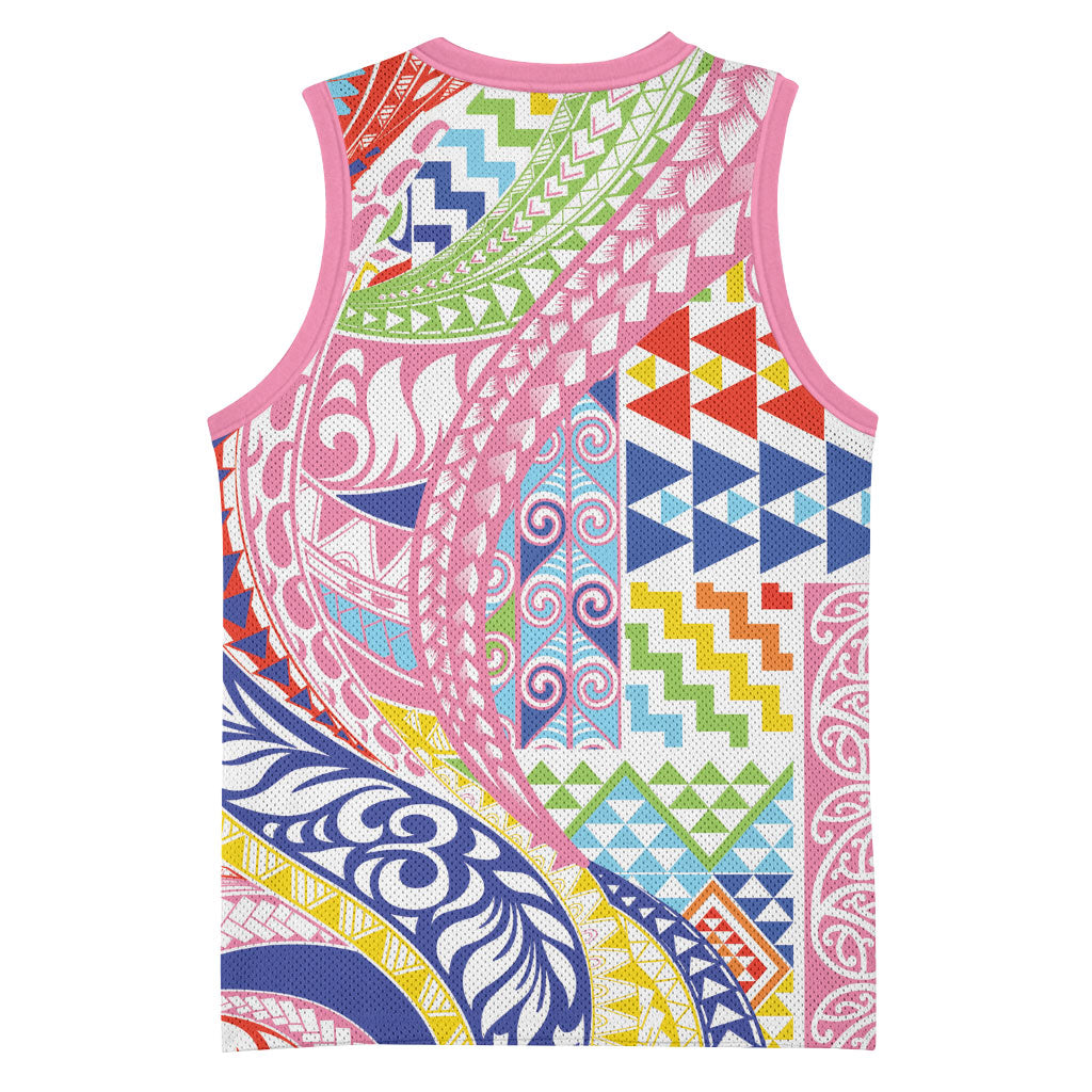 Maori Kowhaiwhai Taniko Patchwork Rainbow Motifs Basketball Jersey