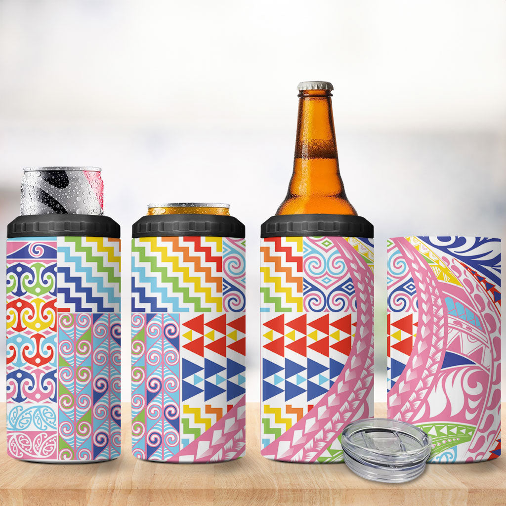 Maori Kowhaiwhai Taniko Patchwork Rainbow Motifs 4 in 1 Can Cooler Tumbler LT9 - Polynesian Pride