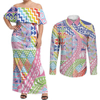 Maori Kowhaiwhai Taniko Patchwork Rainbow Motifs Couples Matching Off Shoulder Maxi Dress and Long Sleeve Button Shirt LT9 Rainbow - Polynesian Pride