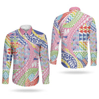 Maori Kowhaiwhai Taniko Patchwork Rainbow Motifs Couples Matching Off Shoulder Maxi Dress and Long Sleeve Button Shirt LT9 - Polynesian Pride