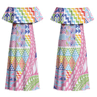 Maori Kowhaiwhai Taniko Patchwork Rainbow Motifs Couples Matching Off Shoulder Maxi Dress and Long Sleeve Button Shirt LT9 - Polynesian Pride