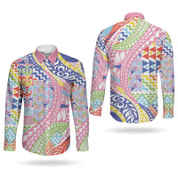 Maori Kowhaiwhai Taniko Patchwork Rainbow Motifs Couples Matching Off Shoulder Short Dress and Long Sleeve Button Shirt LT9 - Polynesian Pride