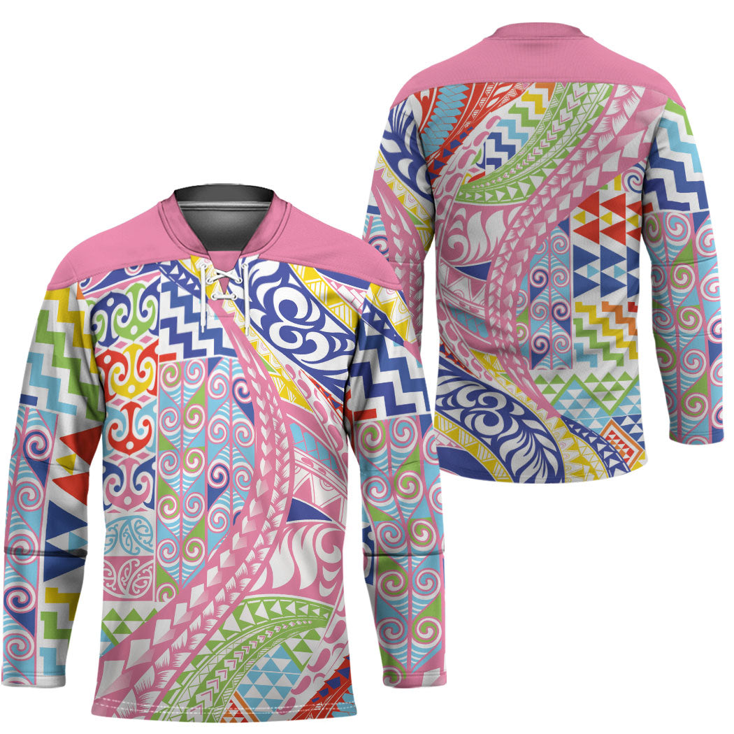 Maori Kowhaiwhai Taniko Patchwork Rainbow Motifs Hockey Jersey