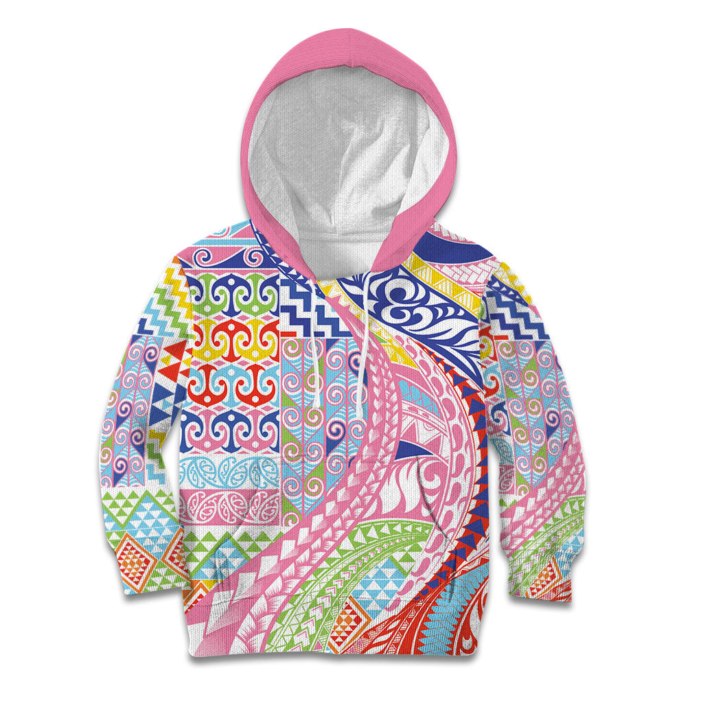Maori Kowhaiwhai Taniko Patchwork Rainbow Motifs Kid Hoodie
