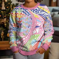 Maori Kowhaiwhai Taniko Patchwork Rainbow Motifs Kid Ugly Christmas Sweater