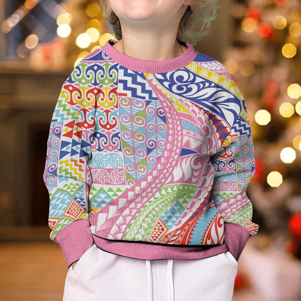 Maori Kowhaiwhai Taniko Patchwork Rainbow Motifs Kid Ugly Christmas Sweater