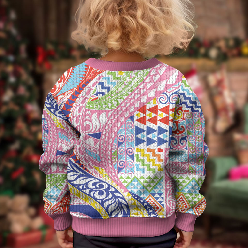 Maori Kowhaiwhai Taniko Patchwork Rainbow Motifs Kid Ugly Christmas Sweater