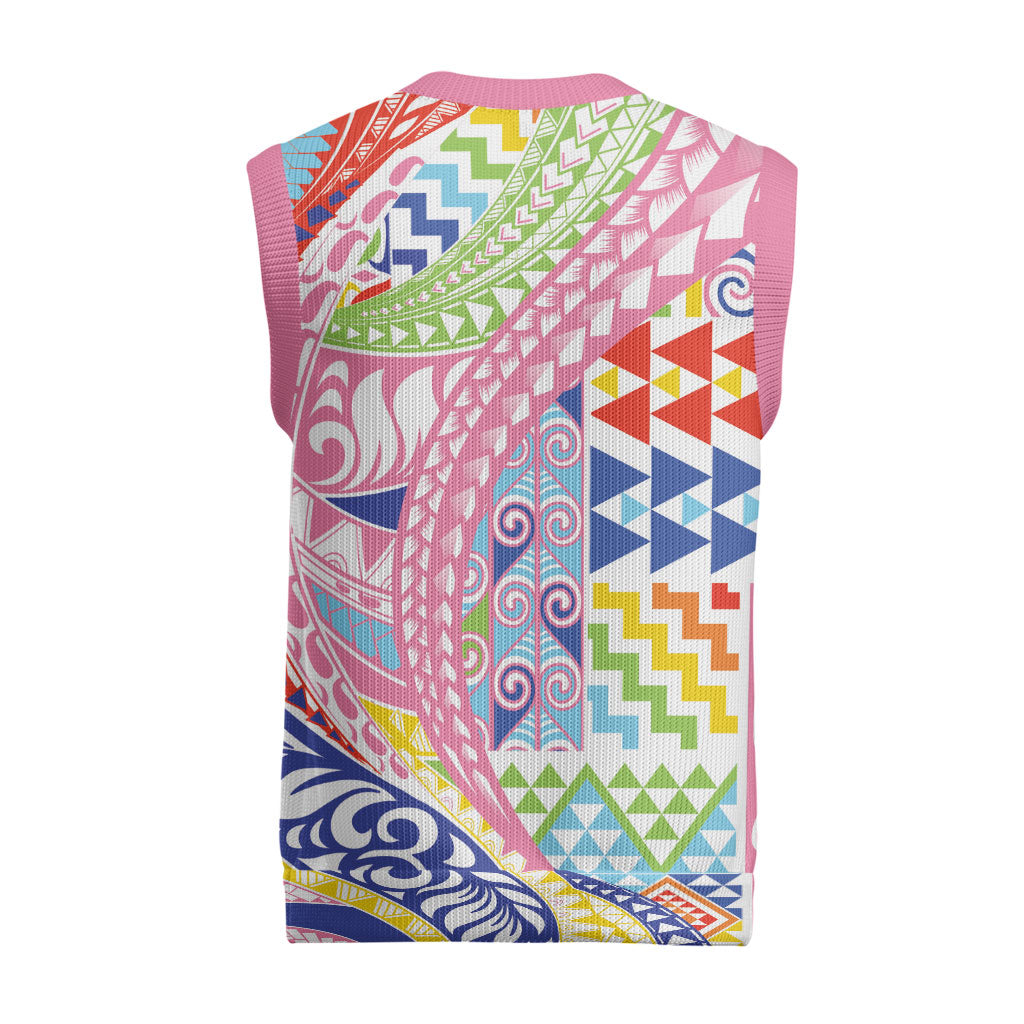 Maori Kowhaiwhai Taniko Patchwork Rainbow Motifs Christmas Knitted V-Neck Vest