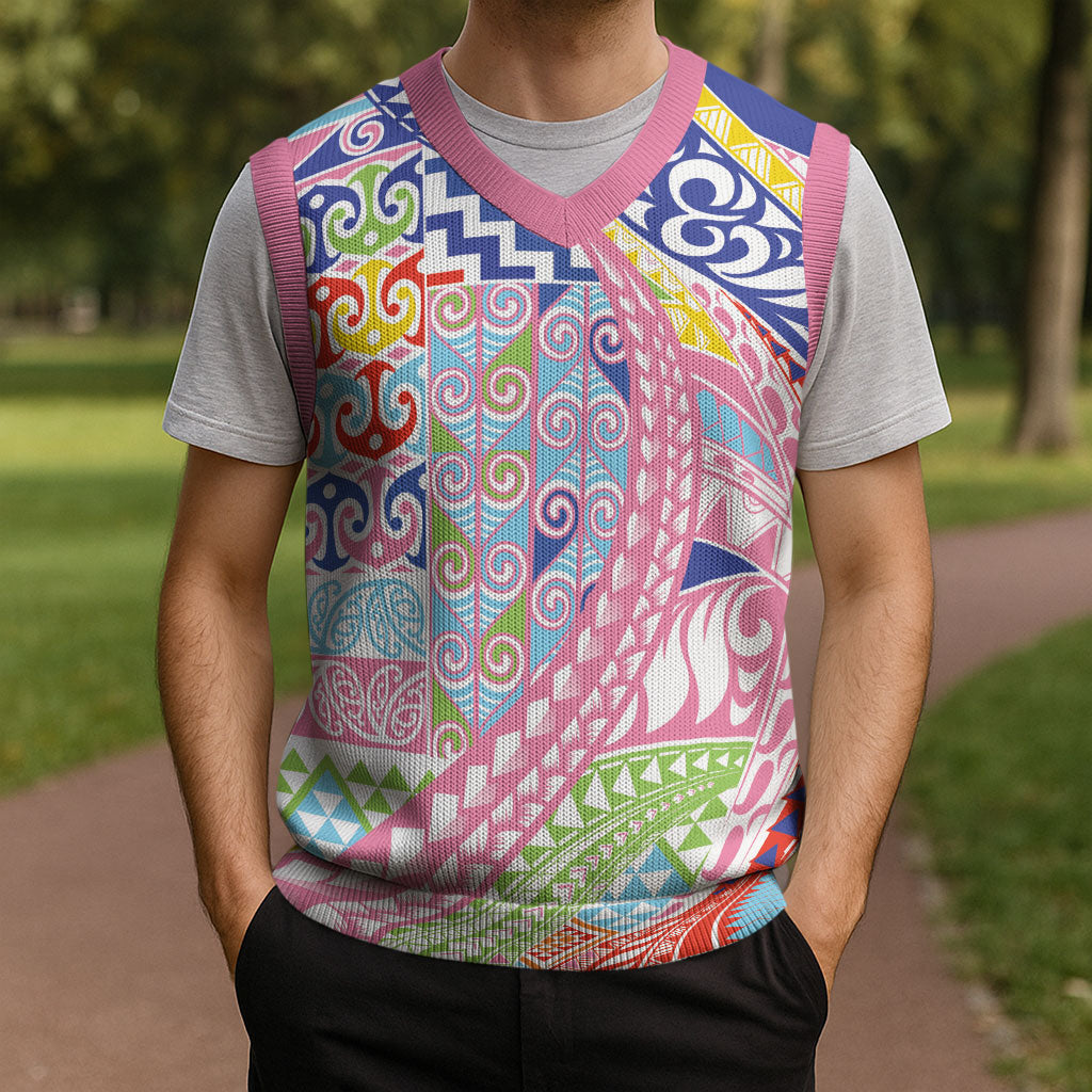 Maori Kowhaiwhai Taniko Patchwork Rainbow Motifs Christmas Knitted V-Neck Vest