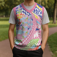 Maori Kowhaiwhai Taniko Patchwork Rainbow Motifs Christmas Knitted V-Neck Vest