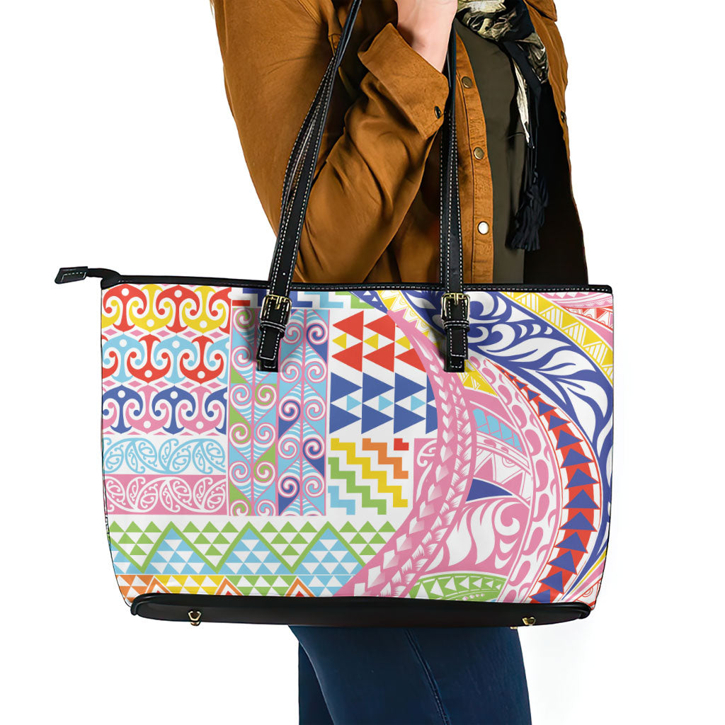 Maori Kowhaiwhai Taniko Patchwork Rainbow Motifs Leather Tote Bag